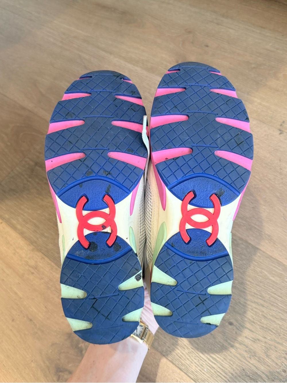 VINTAGE CHANEL White Leather & Suede CC Trainer with Pink, Green & Yellow Accent - Picture 2 of 11